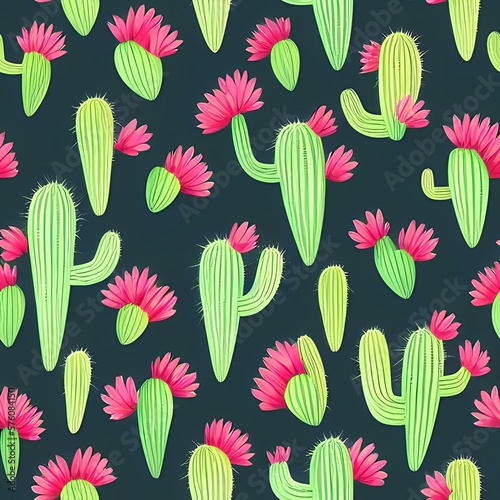 seamless pattern with cactus and flowers created with generative ai