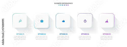 Timeline infographic with infochart. Modern presentation template with 5 spets for business process. Website template on white background for concept modern design. Horizontal layout.