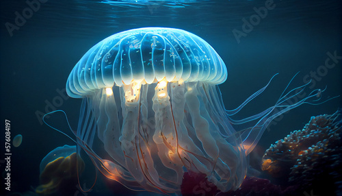 Jellyfish glowing in ocean, Generative AI © Bird Visual