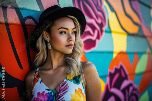 Beautiful woman posing in front of a colorful street art mural, wearing a patterned dress and a hat, generative ai