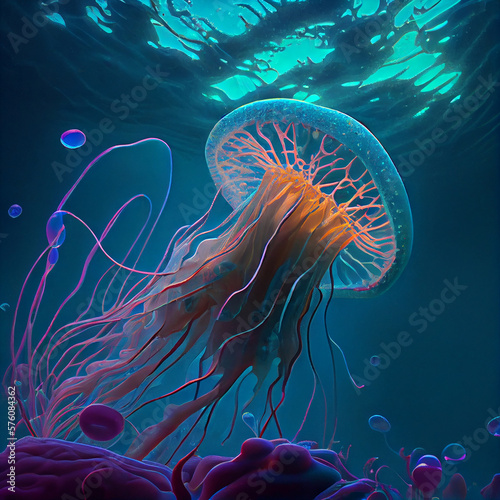 Jellyfish glowing in ocean, Generative AI