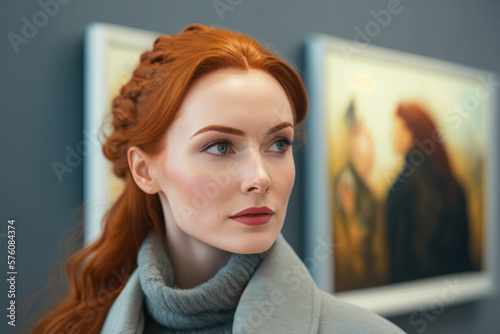 Attractive redhead woman admiring art in a contemporary museum, generative ai photo