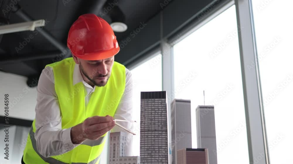 Bearded engineer in protective helmet working on building complex prototype project of residential or business district, measuring city model using compass for drawing at office with panoramic view Bearded engineer in protective helmet working on building complex prototype project of residential or business district, measuring city model using compass for drawing at office with panoramic view
