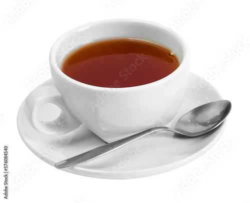 black tea in a white ceramic cup and saucer on a transparent background side view