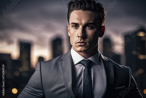 Ambitious executive in modern suit posing confidently in front of city skyline, generative ai