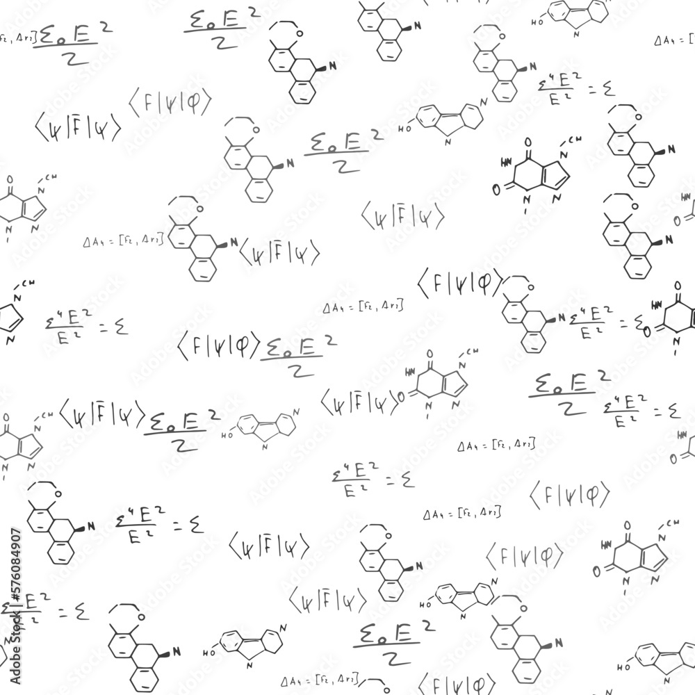 mathematical, physical, chemical formulas and expressions. scientific, educational background. Vector drawn by hand.