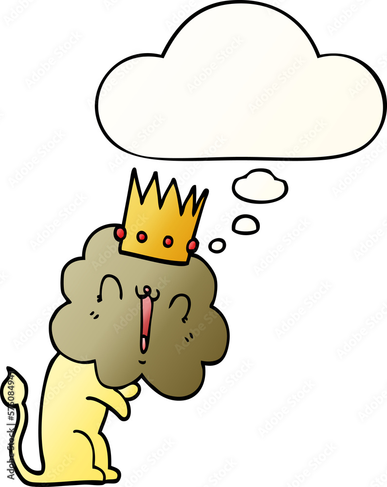 cartoon lion with crown and thought bubble in smooth gradient style
