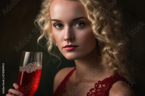 Elegant young woman with curly blonde hair wearing a red evening gown and holding a glass of champagne, generative ai