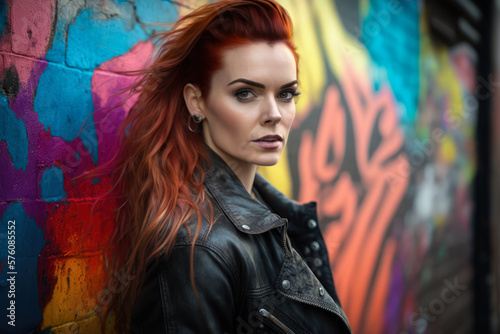 Fierce redhead woman with a high ponytail wearing a black leather jacket and ripped jeans, posing in front of a graffiti wall, generative ai © aicandy