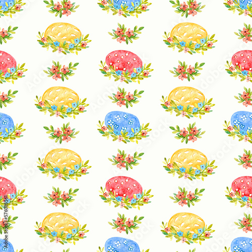 Easter in abstract style on colorful background. Eggs in flower baskets, pattern