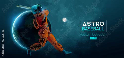 Baseball player astronaut in space action and Earth, Moon planets on the background of the space. Vector illustration