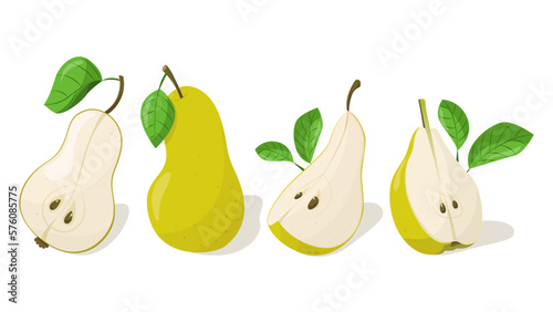 Set of pears with leaves on a white background.