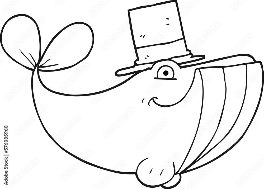 Obraz premium black and white cartoon whale wearing top hat