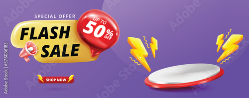 Flash sale horizontal promo banner template with 3D podium and bolt icons