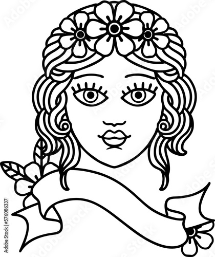 black linework tattoo with banner of female face with crown of flowers