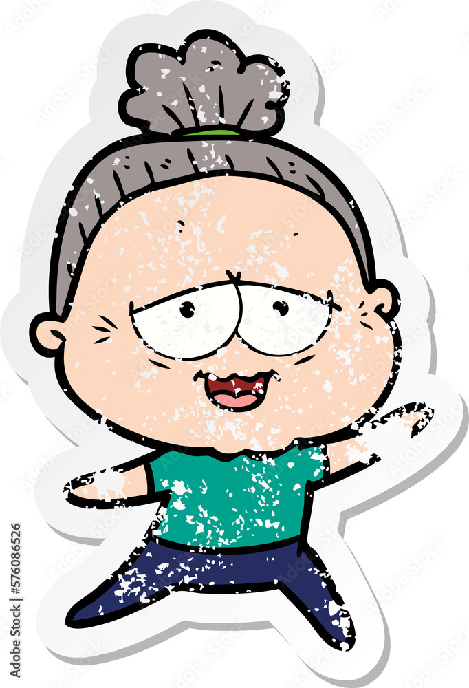 distressed sticker of a cartoon happy old lady distressed sticker of a cartoon happy old lady