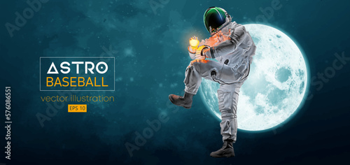Baseball player astronaut in space action and Moon, Mars planets on the background of the space. Vector illustration