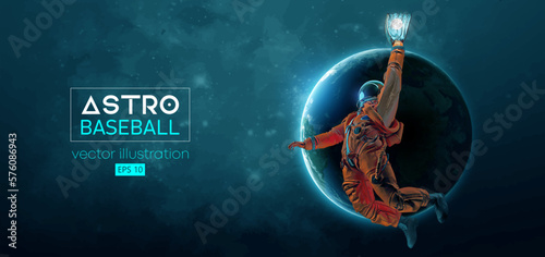 Baseball player astronaut in space action and Earth, Moon planets on the background of the space. Vector illustration