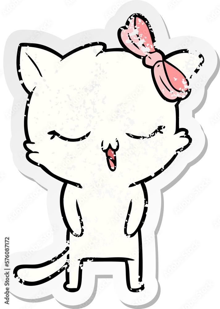 distressed sticker of a cartoon cat with bow on head distressed sticker of a cartoon cat with bow on head