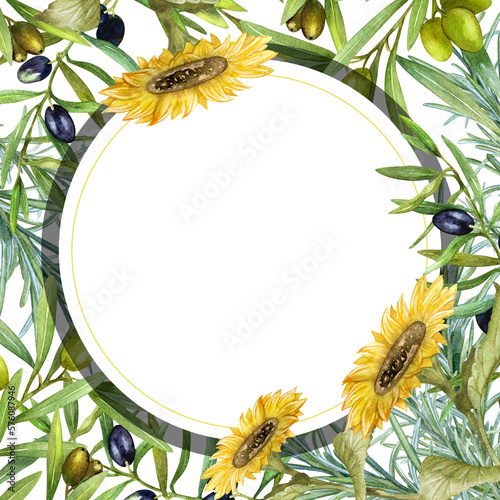 Olive branches, rosemary and sunflower, black olives and green olives. Frame, border, hand drawn watercolor. Design for cards, invitations, wrapping paper, stationery.