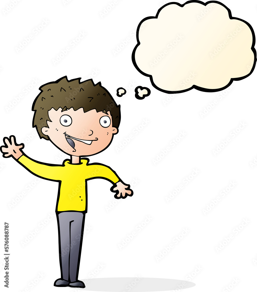 cartoon happy boy waving with thought bubble cartoon happy boy waving with thought bubble