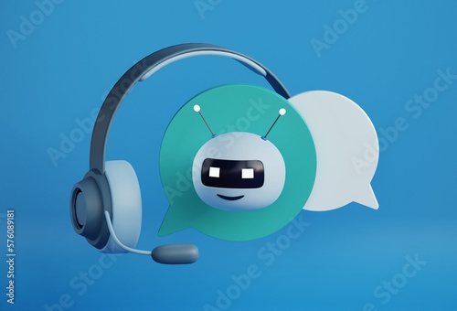 3d illustration with message, bot and headphones for concept design. Chat bot. Online support