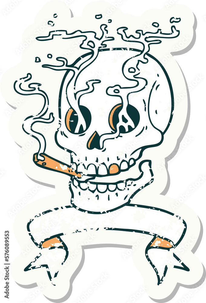 grunge sticker with banner of a skull smoking grunge sticker with banner of a skull smoking