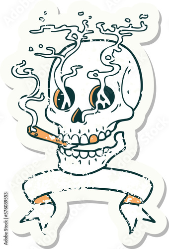 grunge sticker with banner of a skull smoking
