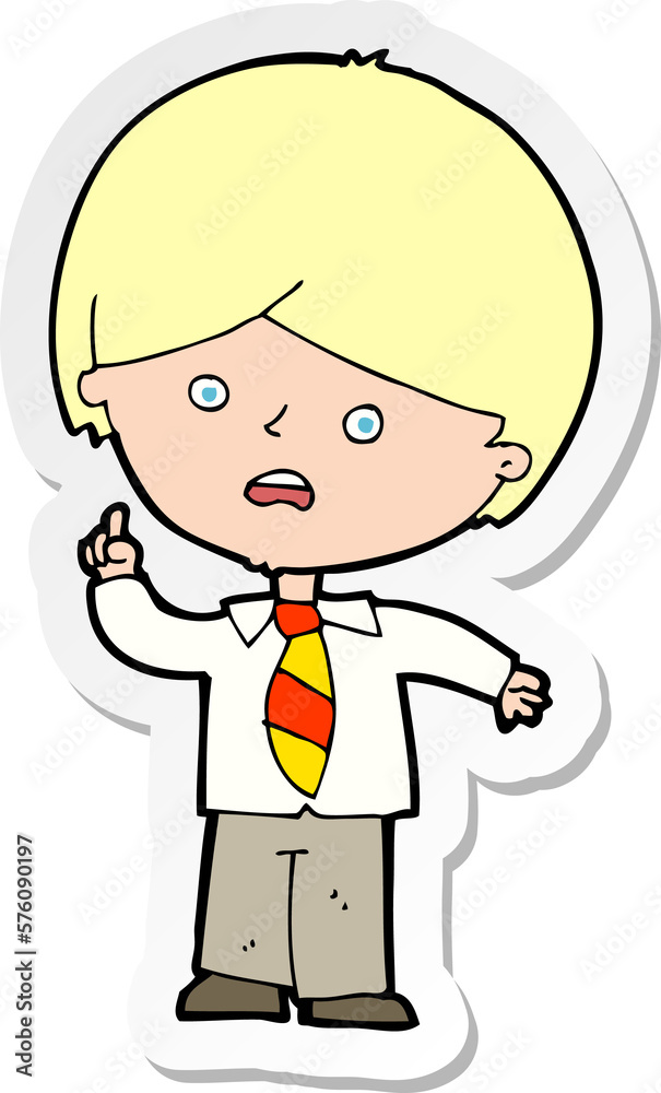 sticker of a cartoon worried school boy raising hand sticker of a cartoon worried school boy raising hand