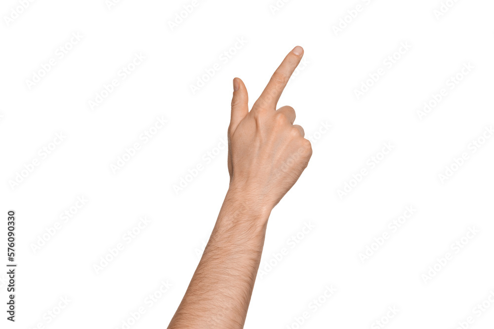 A man's hand points the direction with his finger. Points diagonally to the side.  Index finger pressing something. Isolate on a white background. - obrazy, fototapety, plakaty 