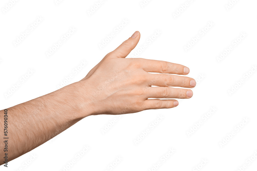 A man's hand tries to say hello or shows to the side with his hand, palm. Isolate on a white background.