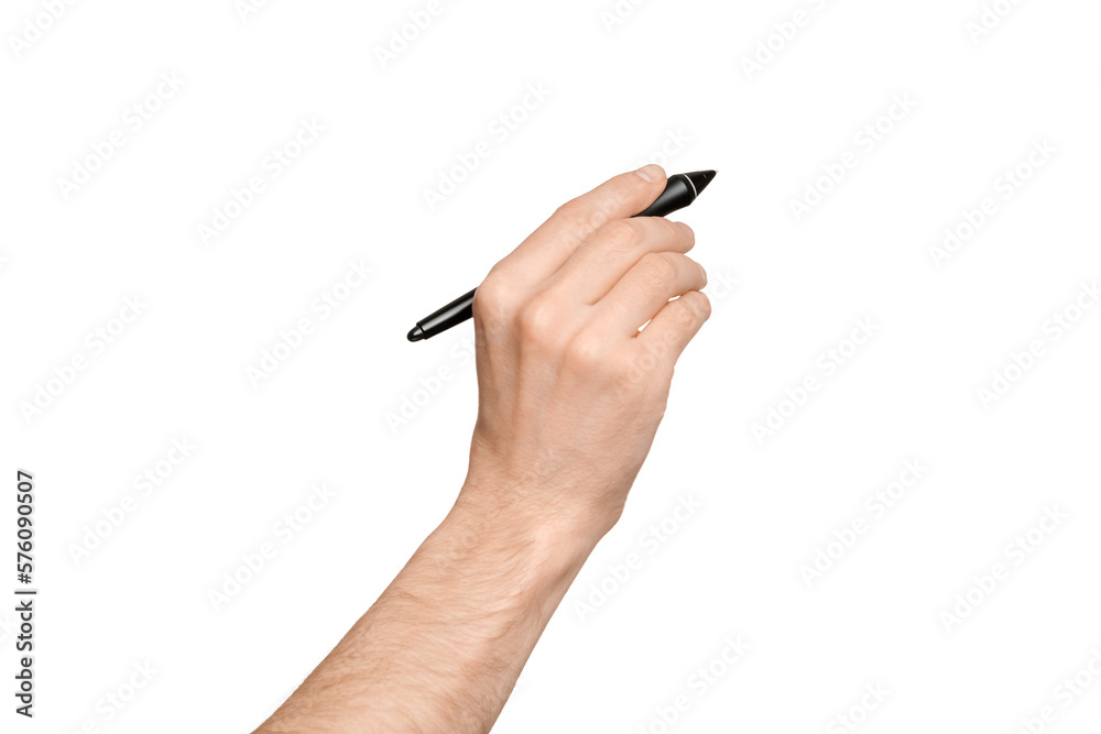 Male hand with a digital pen, isolate on a white background Male hand with a digital pen, isolate on a white background