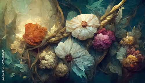 Elegant floral background in Renaissance style. Retro flower art design. Generative AI.