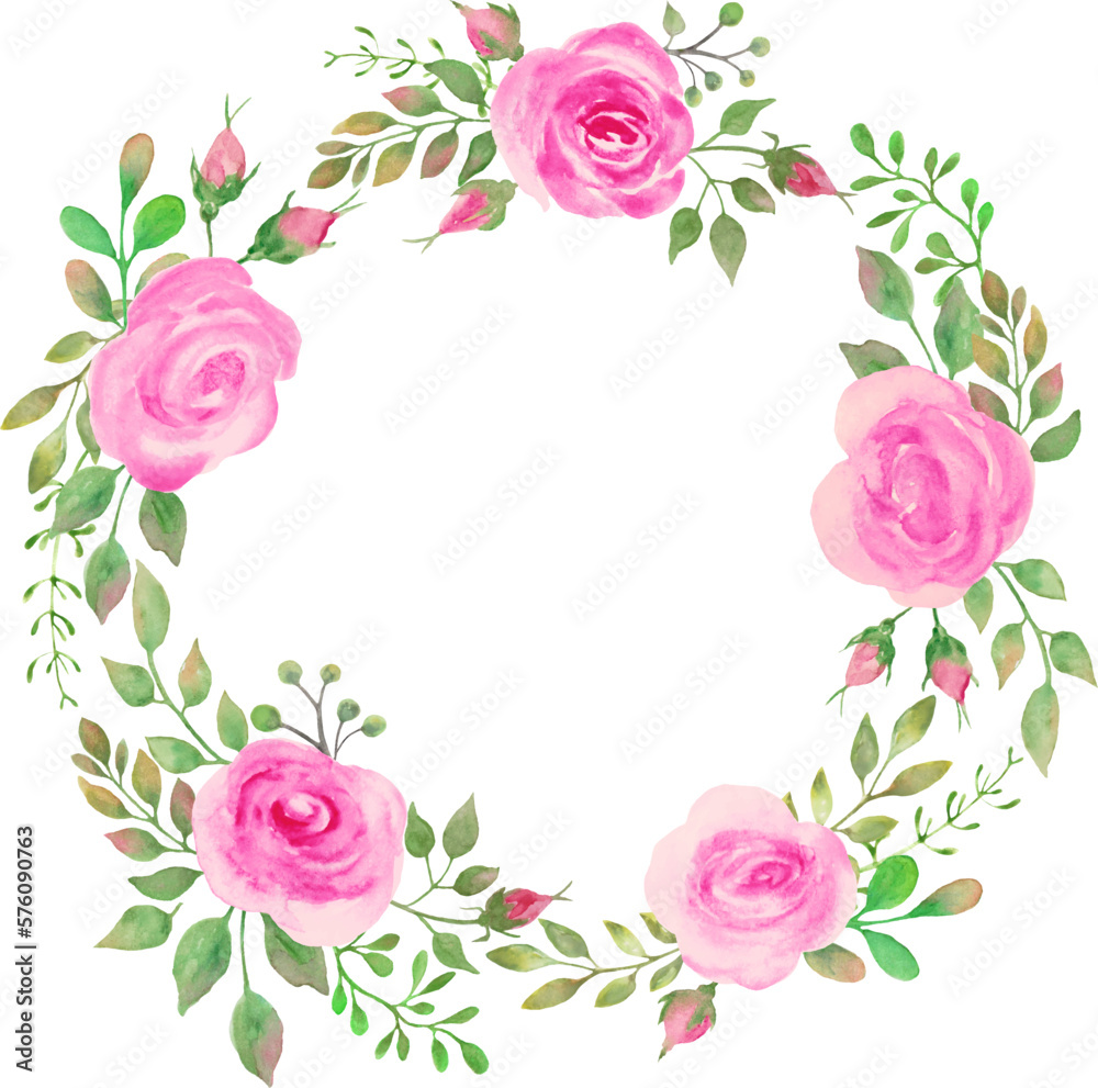 Watercolor floral round wreath  with pink roses flowers, green leaves,  branches.  Hand drawing illustration isolated on white background. Vector EPS.