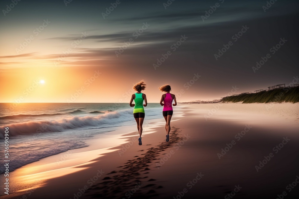 Two women are running on a sandy beach next to the waves of a sea while the sunset