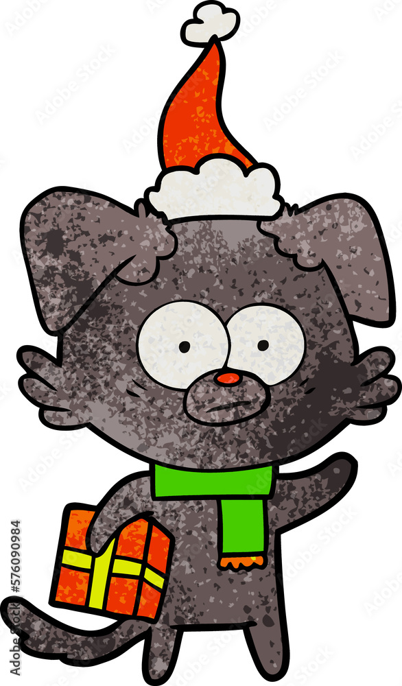 nervous dog textured cartoon of a with gift wearing santa hat