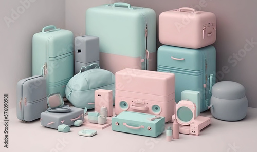  a collection of pastel colored suitcases and luggages. generative ai