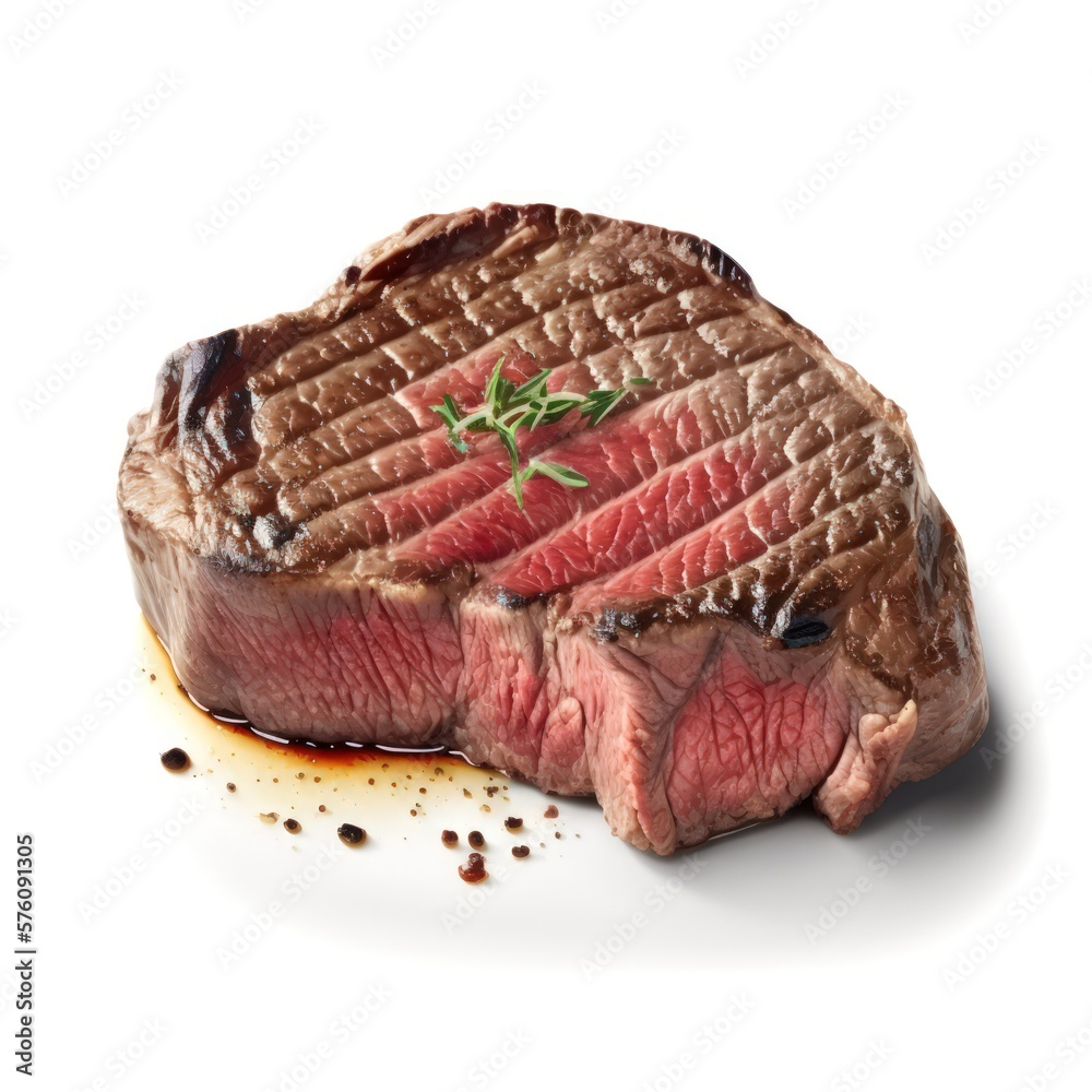 Tasty Delicious  Juicy Grilled Steak with rosemary. Isolated on a white Background . Generative AI. 
