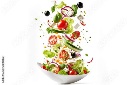 Delicious Tasty Greek Salad Falling in a Bowl. Healthy Food, Fresh Vegetables with Sauce Isolated on a white Background. Generative AI.  © neo