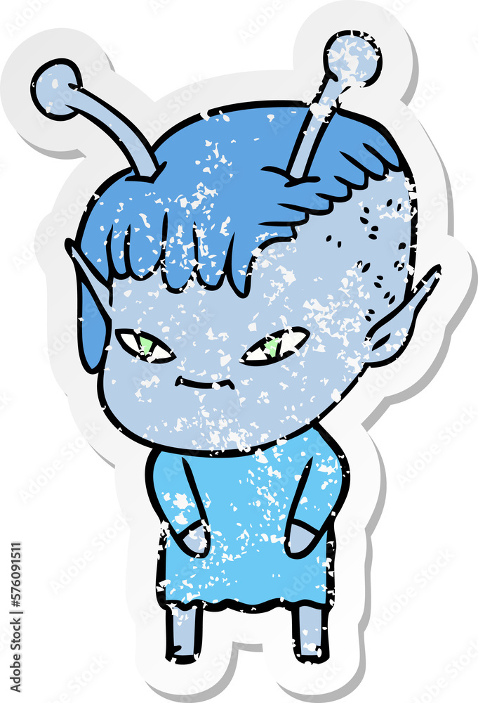distressed sticker of a cute cartoon alien girl distressed sticker of a cute cartoon alien girl