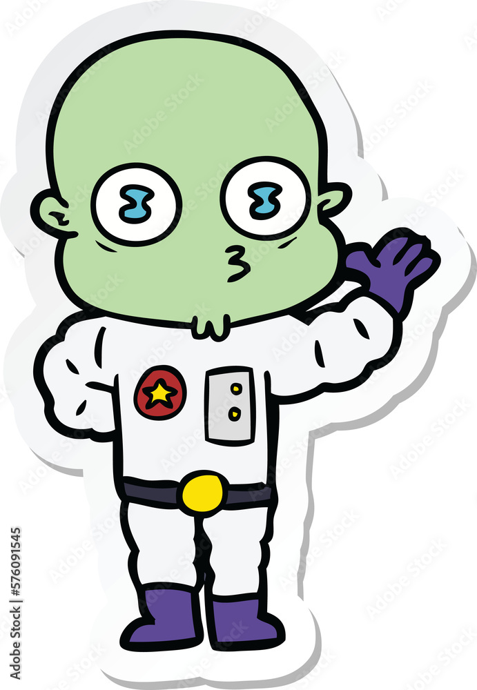 sticker of a waving weird bald spaceman sticker of a waving weird bald spaceman
