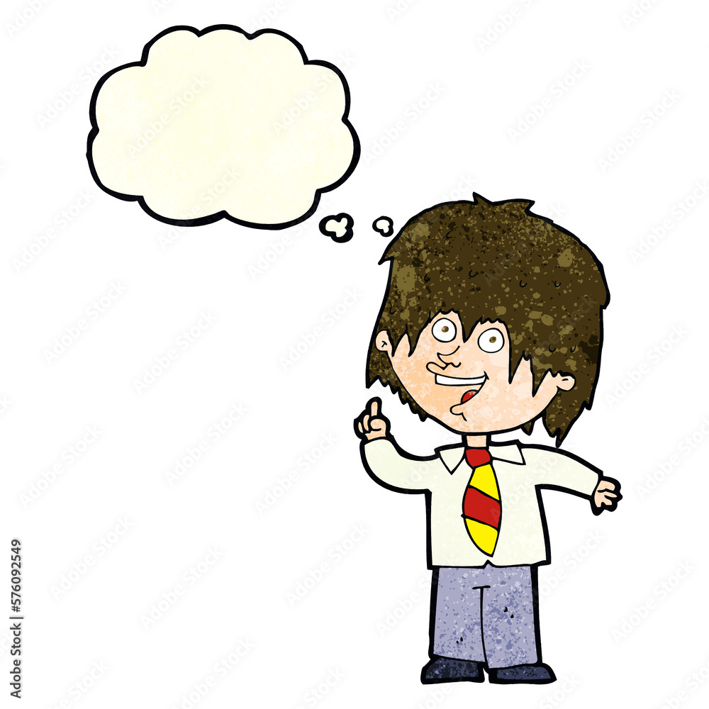 cartoon school boy with idea with thought bubble cartoon school boy with idea with thought bubble