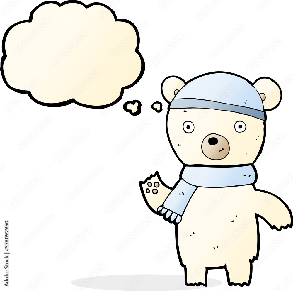 cartoon waving polar bear with thought bubble