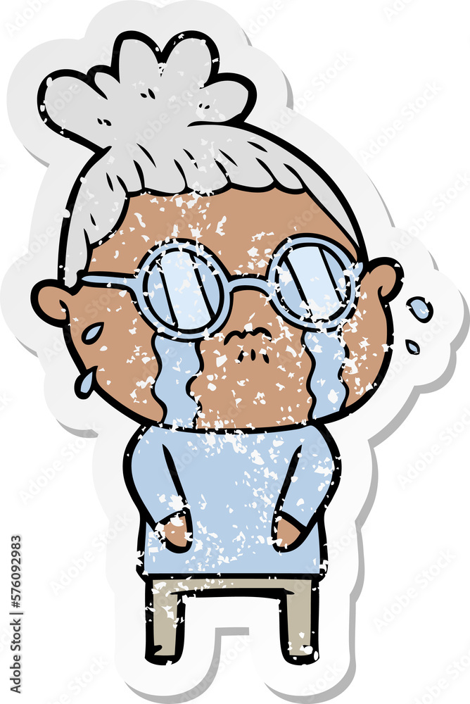 distressed sticker of a cartoon crying woman wearing spectacles distressed sticker of a cartoon crying woman wearing spectacles