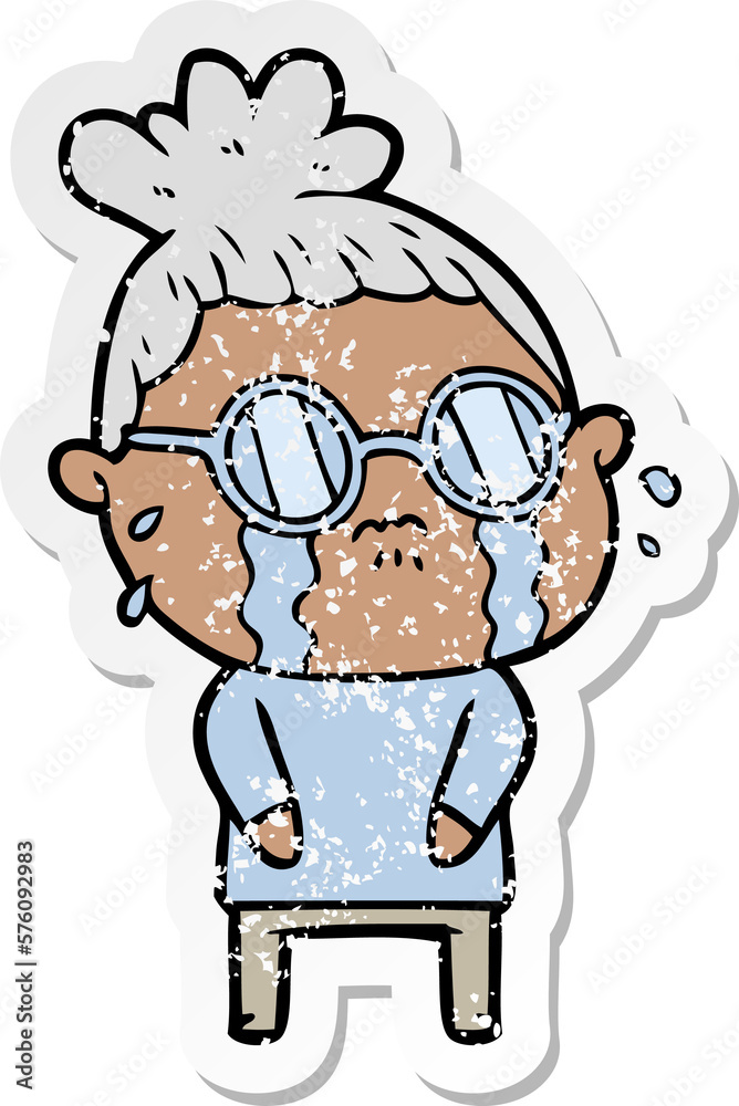 distressed sticker of a cartoon crying woman wearing spectacles