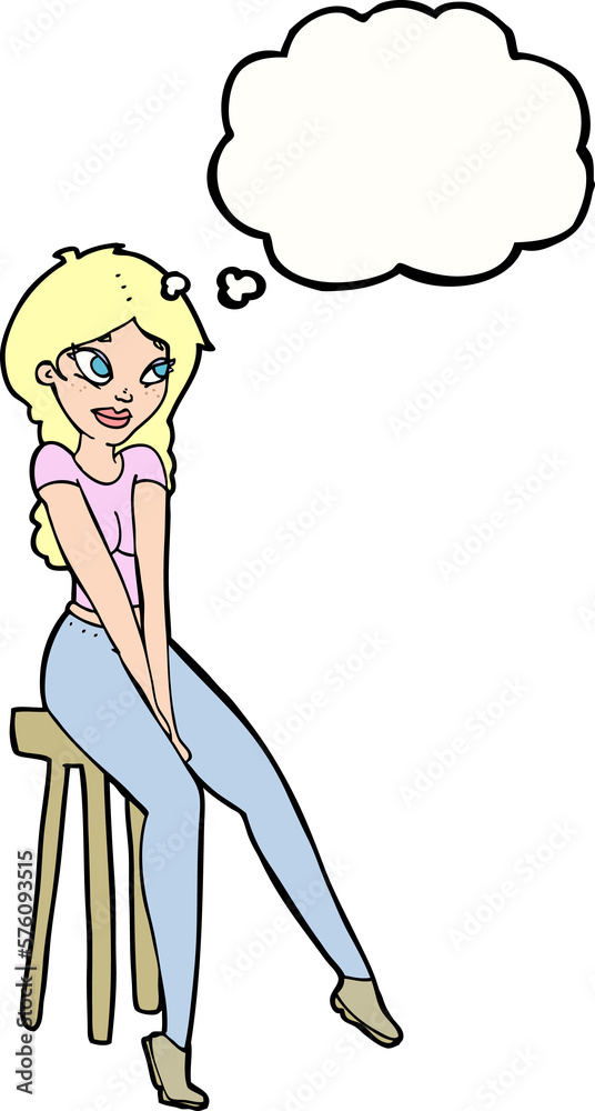 cartoon pretty girl on stool with thought bubble cartoon pretty girl on stool with thought bubble