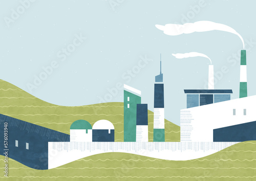 工場と自然の風景 エコや環境問題についての水彩背景イラスト