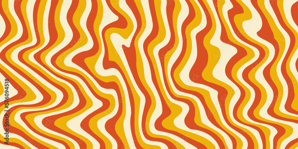 Retro groovy background. Wavy vintage psychedelic wallpaper. Trippy orange and yellow pattern, cover, poster in 60s or 70s style. Liquid hippie texture. Vector