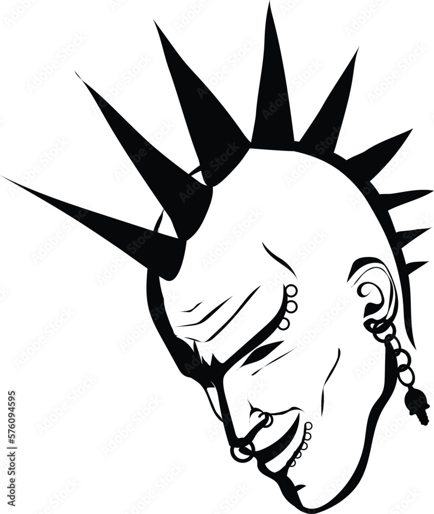 dessin vector black and white illustration of a half-bald headed punk ...
