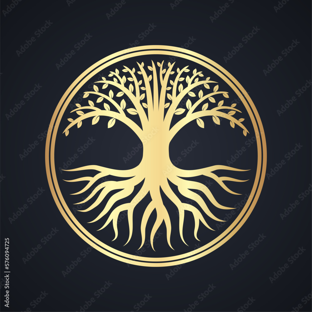 golden elegant tree with roots in circle stylized sign golden elegant tree with roots in circle stylized sign